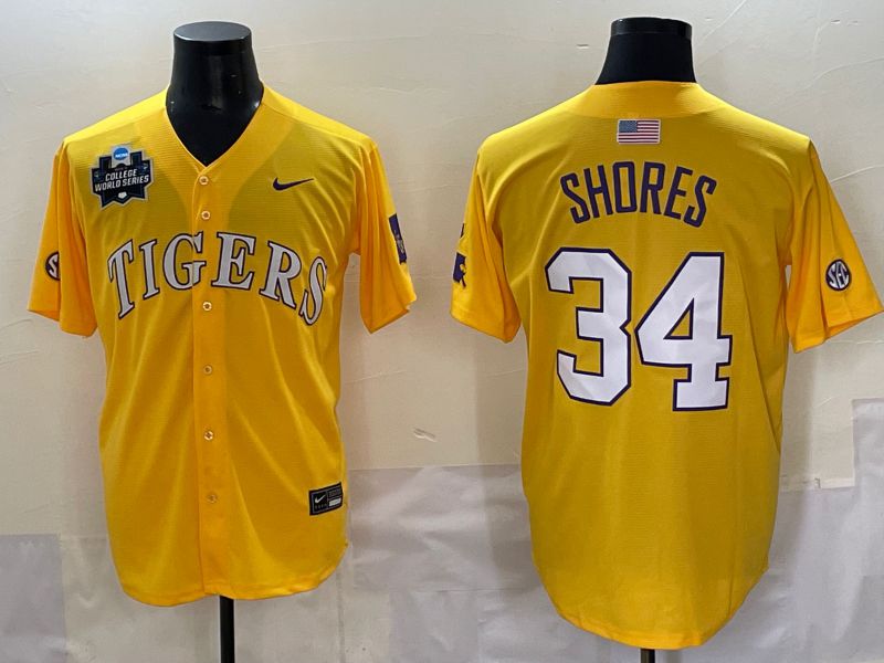 Men 2025 LSU Tigers #34 Shores Yellow Nike Joint Name Nike NCAA Jersey style 2->ncaa teams->NCAA Jersey